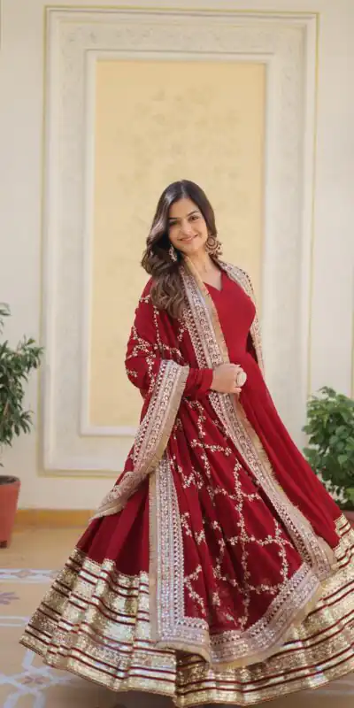 KA 1082 Maroon Faux Blooming Gown with Embroidery Work & Zari Work. Available at ₹3149 only. Delivery 4-6 Working Days. Shop now. | Gowns, Bollywood Gowns, Creative Gowns, Designer Gowns, Embroidered Gowns, Party Wear Gowns