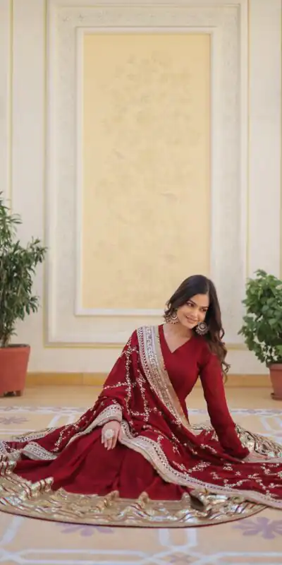 KA 1082 Maroon Faux Blooming Gown with Embroidery Work & Zari Work. Available at ₹3149 only. Delivery 4-6 Working Days. Shop now. | Gowns, Bollywood Gowns, Creative Gowns, Designer Gowns, Embroidered Gowns, Party Wear Gowns