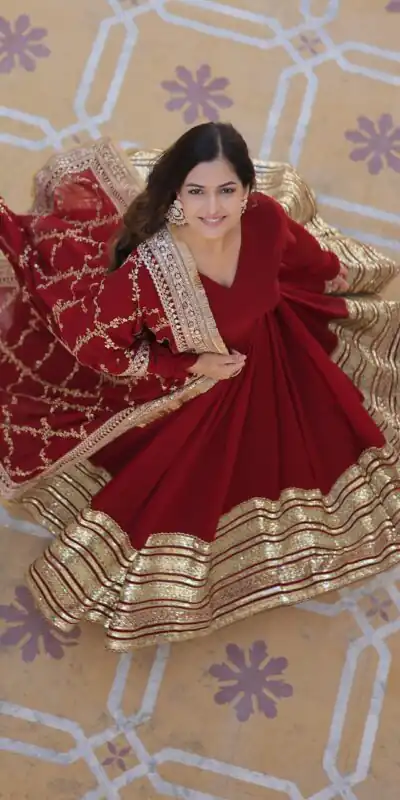 KA 1082 Maroon Faux Blooming Gown with Embroidery Work & Zari Work. Available at ₹3149 only. Delivery 4-6 Working Days. Shop now. | Gowns, Bollywood Gowns, Creative Gowns, Designer Gowns, Embroidered Gowns, Party Wear Gowns