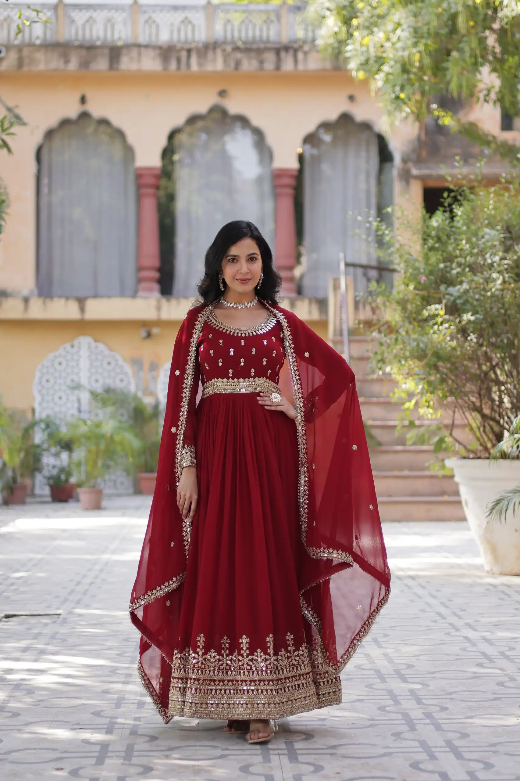 KA 1144 Maroon Faux Blooming Gown with Embroidery Work & Zari Work. Exclusive Offer ₹2449. Delivery 4-6 Working Days. Shop now. | Gowns, Bollywood Gowns, Creative Gowns, Designer Gowns, Embroidered Gowns, Party Wear Gowns