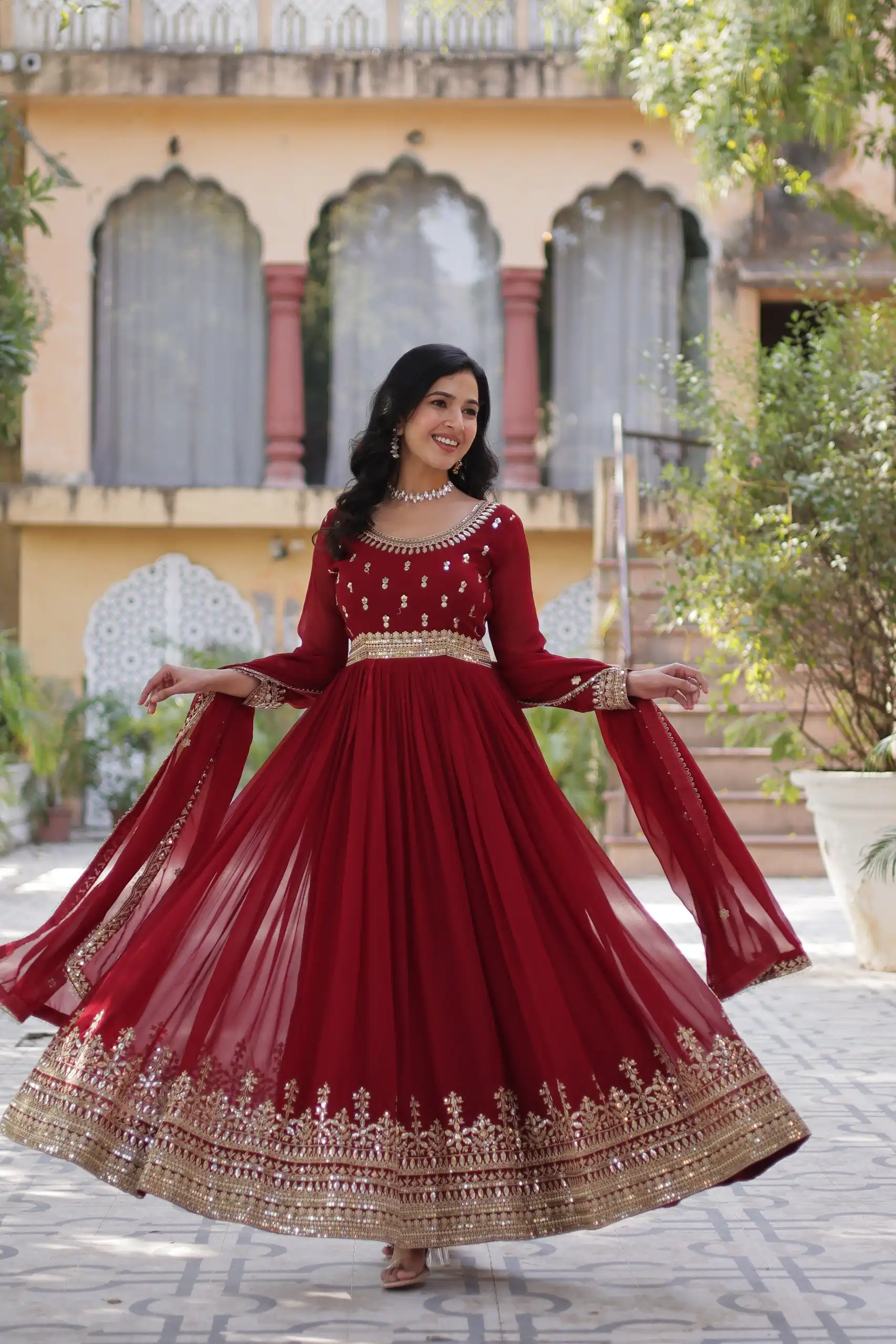 KA 1144 Maroon Faux Blooming Gown with Embroidery Work & Zari Work. Exclusive Offer ₹2449. Delivery 4-6 Working Days. Shop now. | Gowns, Bollywood Gowns, Creative Gowns, Designer Gowns, Embroidered Gowns, Party Wear Gowns