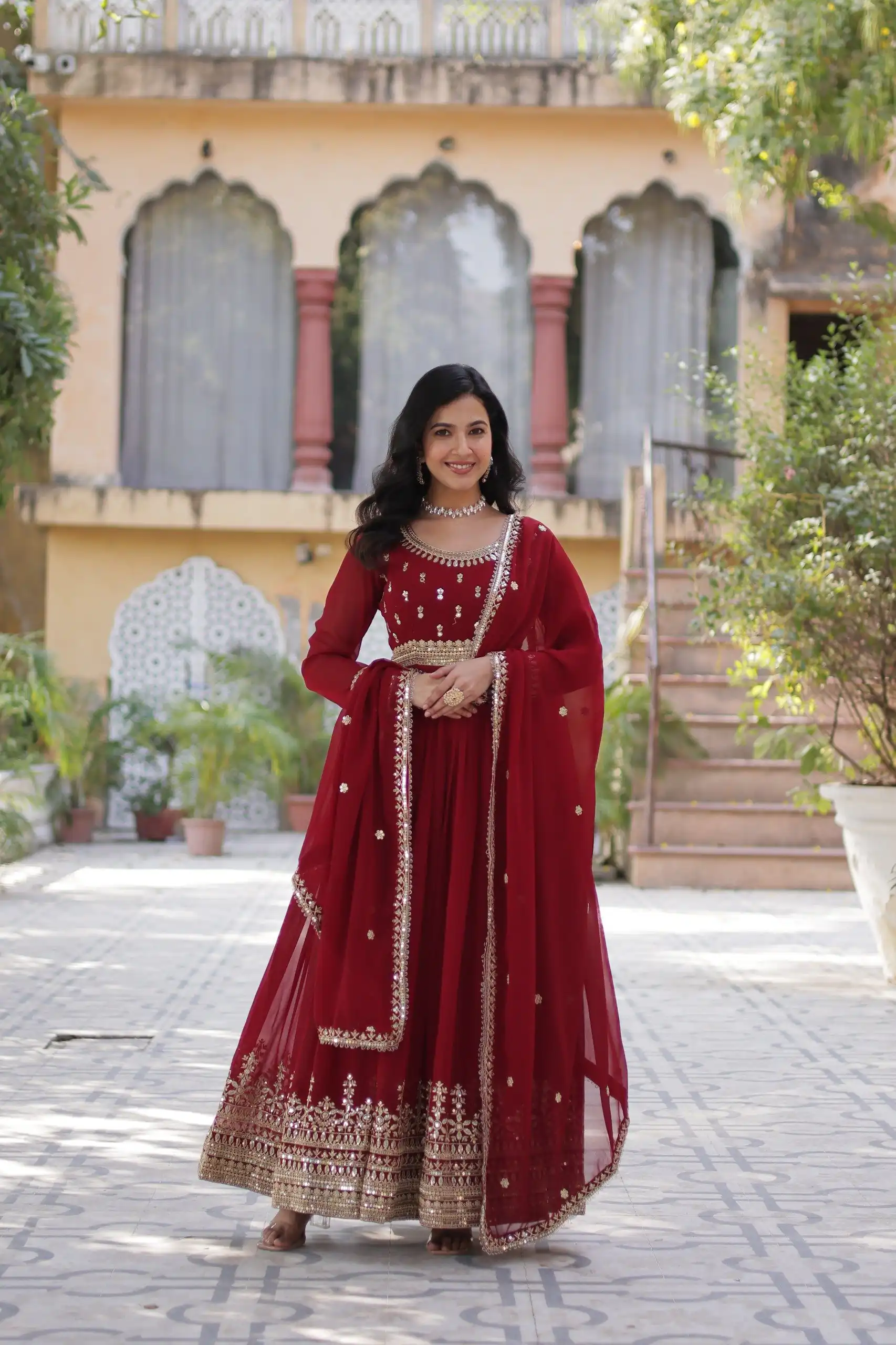 KA 1144 Maroon Faux Blooming Gown with Embroidery Work & Zari Work. Exclusive Offer ₹2449. Delivery 4-6 Working Days. Shop now. | Gowns, Bollywood Gowns, Creative Gowns, Designer Gowns, Embroidered Gowns, Party Wear Gowns