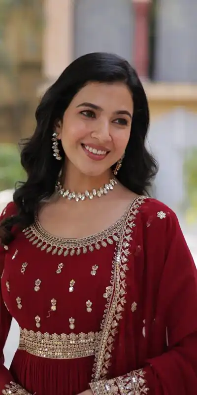 KA 1144 Maroon Faux Blooming Gown with Embroidery Work & Zari Work. Exclusive Offer ₹2449. Delivery 4-6 Working Days. Shop now. | Gowns, Bollywood Gowns, Creative Gowns, Designer Gowns, Embroidered Gowns, Party Wear Gowns