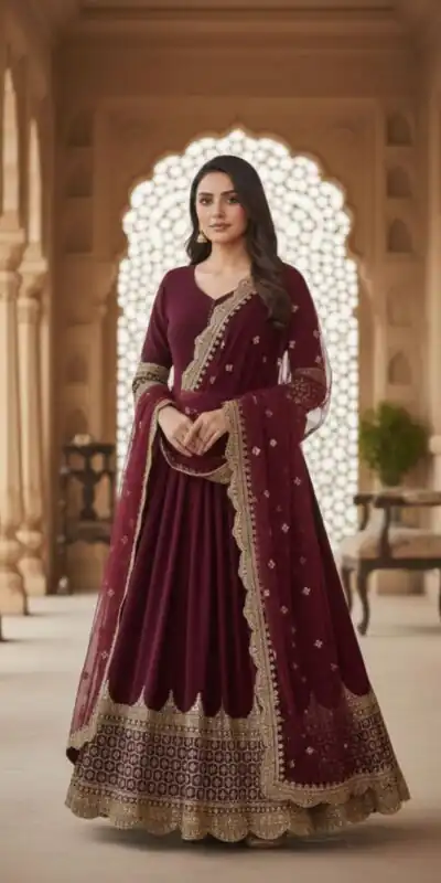 ZF 194 Maroon Faux Georgette Gown Perfect for Wedding, Party, Makar Sankranti, Karwa Chauth, Ethnic Day – . Now at just ₹1999. Delivery 4-6 Working D | Gowns, Bollywood Gowns, Creative Gowns, Designer Gowns, Embroidered Gowns, Party Wear Gowns