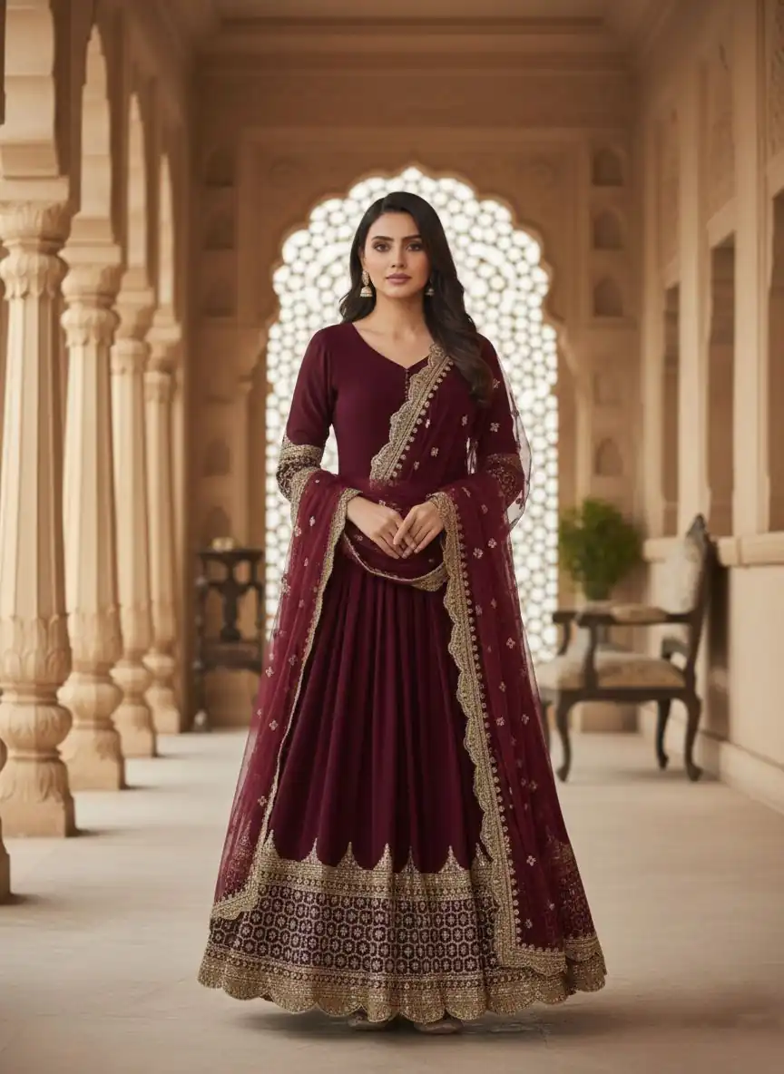 ZF 194 Maroon Faux Georgette Gown Perfect for Wedding, Party, Makar Sankranti, Karwa Chauth, Ethnic Day – . Now at just ₹1999. Delivery 4-6 Working D | Gowns, Bollywood Gowns, Creative Gowns, Designer Gowns, Embroidered Gowns, Party Wear Gowns
