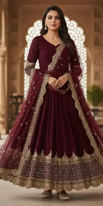 ZF 194 Maroon Faux Georgette Gown Perfect for Wedding, Party, Makar Sankranti, Karwa Chauth, Ethnic Day – . Now at just ₹1999. Delivery 4-6 Working D | Gowns, Bollywood Gowns, Creative Gowns, Designer Gowns, Embroidered Gowns, Party Wear Gowns