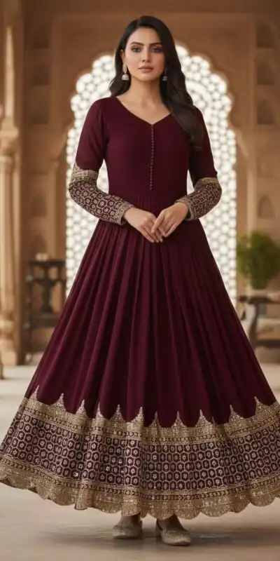 ZF 194 Maroon Faux Georgette Gown Perfect for Wedding, Party, Makar Sankranti, Karwa Chauth, Ethnic Day – . Now at just ₹1999. Delivery 4-6 Working D | Gowns, Bollywood Gowns, Creative Gowns, Designer Gowns, Embroidered Gowns, Party Wear Gowns