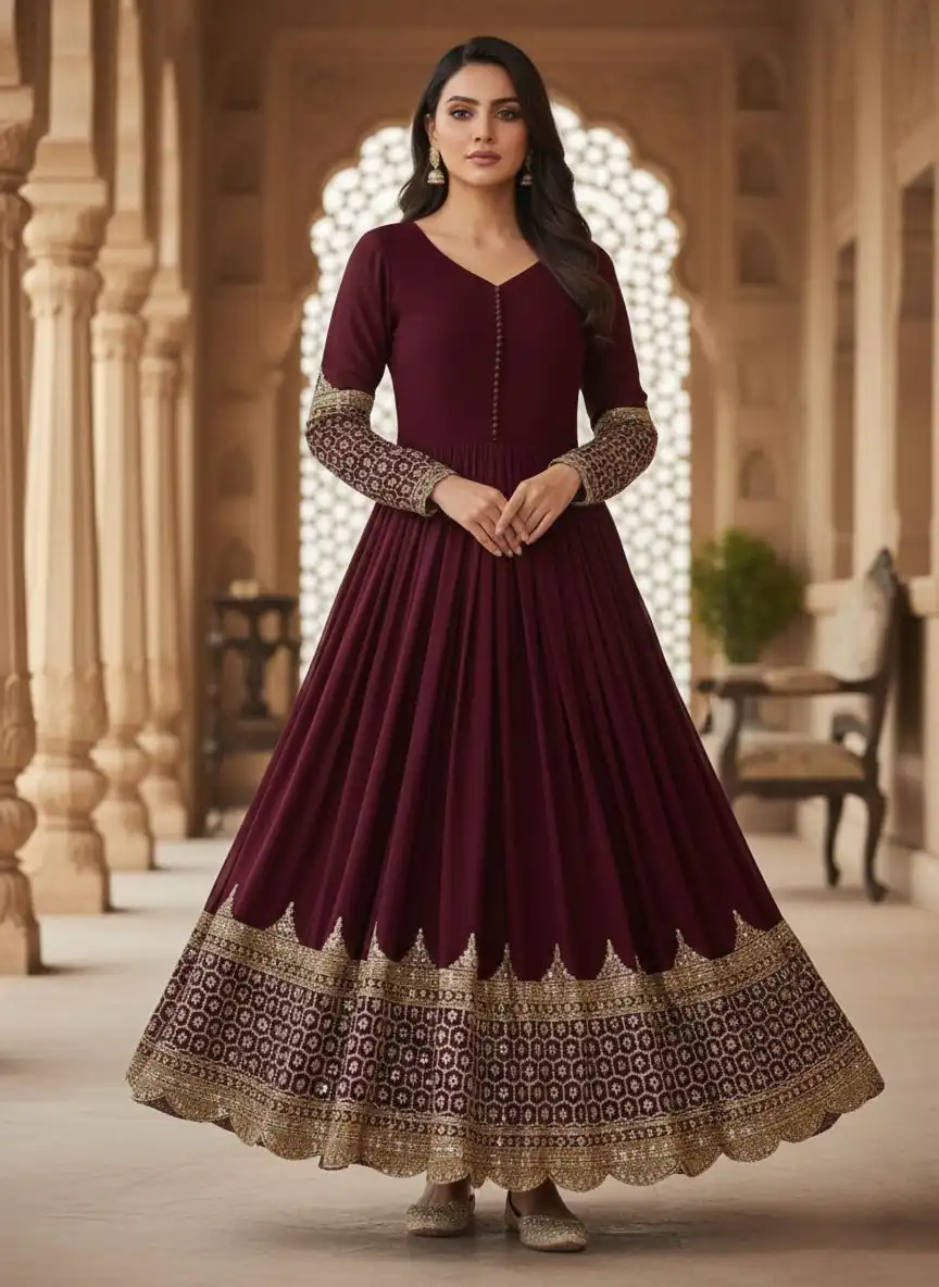 ZF 194 Maroon Faux Georgette Gown Perfect for Wedding, Party, Makar Sankranti, Karwa Chauth, Ethnic Day – . Now at just ₹1999. Delivery 4-6 Working D | Gowns, Bollywood Gowns, Creative Gowns, Designer Gowns, Embroidered Gowns, Party Wear Gowns