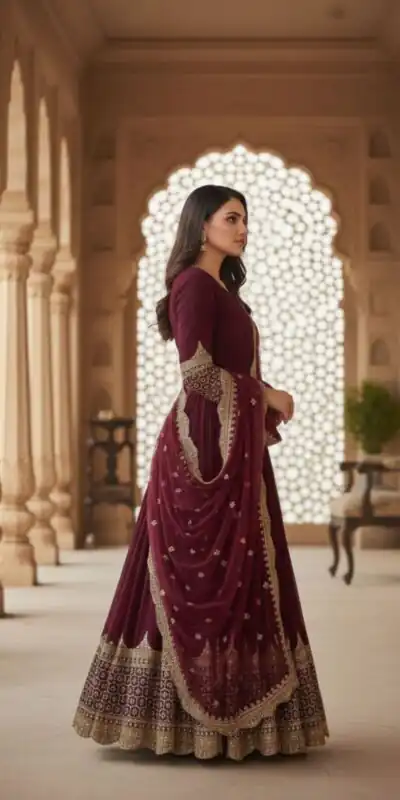 ZF 194 Maroon Faux Georgette Gown Perfect for Wedding, Party, Makar Sankranti, Karwa Chauth, Ethnic Day – . Now at just ₹1999. Delivery 4-6 Working D | Gowns, Bollywood Gowns, Creative Gowns, Designer Gowns, Embroidered Gowns, Party Wear Gowns