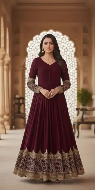 ZF 194 Maroon Faux Georgette Gown Perfect for Wedding, Party, Makar Sankranti, Karwa Chauth, Ethnic Day – . Now at just ₹1999. Delivery 4-6 Working D | Gowns, Bollywood Gowns, Creative Gowns, Designer Gowns, Embroidered Gowns, Party Wear Gowns