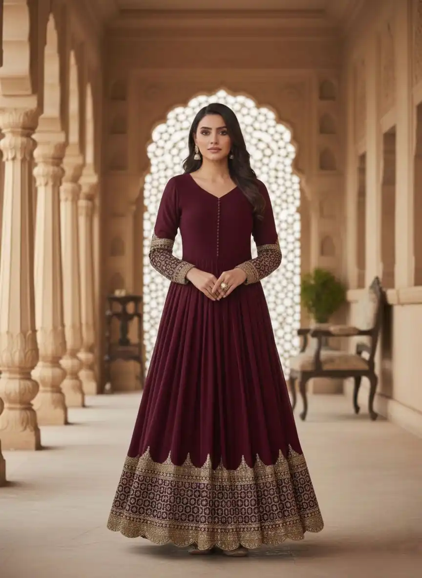 ZF 194 Maroon Faux Georgette Gown Perfect for Wedding, Party, Makar Sankranti, Karwa Chauth, Ethnic Day – . Now at just ₹1999. Delivery 4-6 Working D | Gowns, Bollywood Gowns, Creative Gowns, Designer Gowns, Embroidered Gowns, Party Wear Gowns
