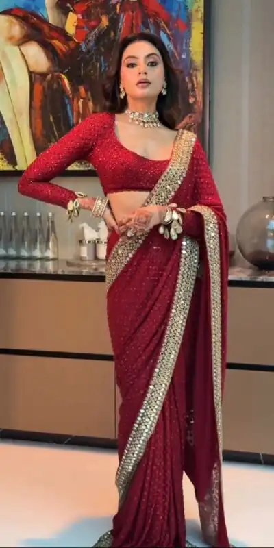 BT 443 Maroon Color Georgette Saree with Embroidery Work & Mirror Work. Get it for ₹2449. Delivery 4-6 Working Days. Shop now. | Sarees, Bollywood Sarees, Creative Sarees, Designer Sarees, Embroidered Sarees, Ethnic Saree, Modern Digital sarees, Party Wear Sarees