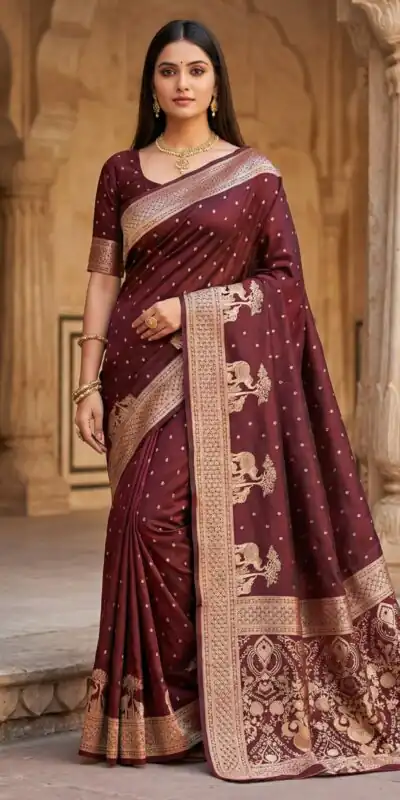 MB 25 GAJRAJ Maroon in Pure Banarasi Silk Zari Work & Lace Work Saree . Introductory Price ₹1899. Delivery 4-6 Working Days. Shop now. | Sarees, Bollywood Sarees, Creative Sarees, Designer Sarees, Embroidered Sarees, Ethnic Saree, Modern Digital sarees, Party Wear Sarees