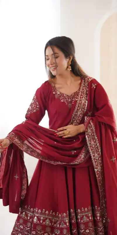 ZF 5016 Maroon Roman Silk Gown with Embroidery Work. Wedding, Party, Festive, Events, Navratri, Exclusive Offer βΉ2499. Delivery 4-6 Working Days. Shop now. | Gowns, Bollywood Gowns, Creative Gowns, Designer Gowns, Embroidered Gowns, Party Wear Gowns