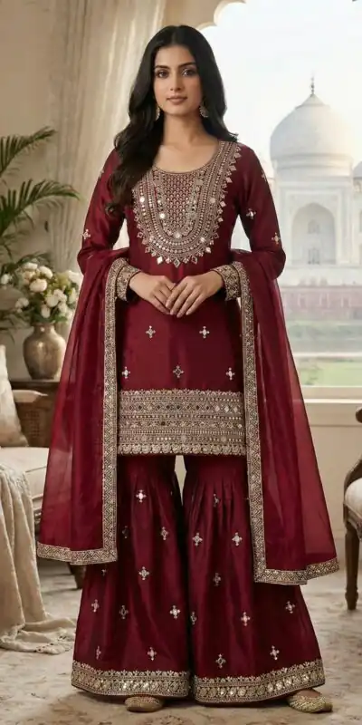 ZSR 3160 Maroon Zimmy Silk Salwar Suit with Embroidery Work & Mirror Work. Grab it for ₹2399. Delivery 4-6 Working Days. Shop now. | Jump Suits, Salwar suit, Casual Suits, Creative suits, Designer Suits, Palazzo Suits, Party Wear Suits, Patiala Suits, Straight Suits
