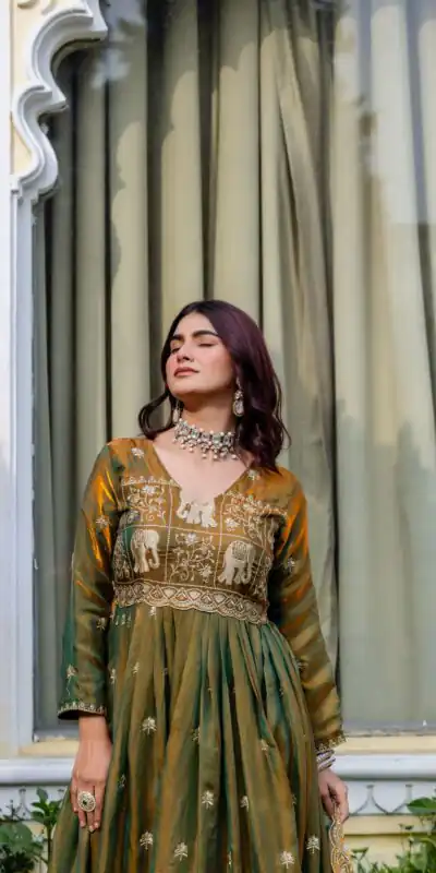 RR 38 Mustered Fendy Satin Gown Perfect for Wedding, Party, Pongal, Makar Sankranti, Ganesh Chaturthi – . Available at ₹2649 only. Delivery 4-6 Wor | Gowns, Bollywood Gowns, Creative Gowns, Designer Gowns, Embroidered Gowns, Party Wear Gowns