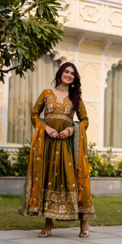 RR 38 Mustered Fendy Satin Gown Perfect for Wedding, Party, Pongal, Makar Sankranti, Ganesh Chaturthi – . Available at ₹2649 only. Delivery 4-6 Wor | Gowns, Bollywood Gowns, Creative Gowns, Designer Gowns, Embroidered Gowns, Party Wear Gowns