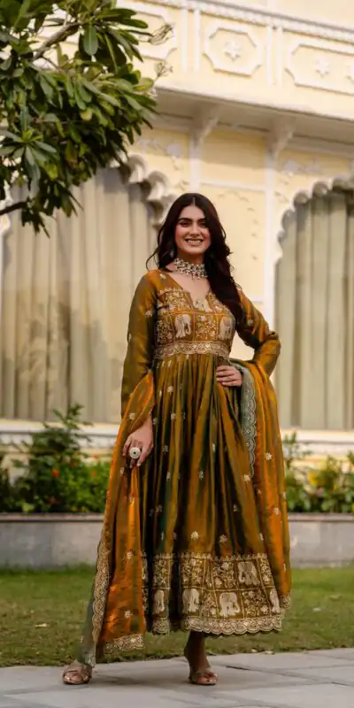 RR 38 Mustered Fendy Satin Gown Perfect for Wedding, Party, Pongal, Makar Sankranti, Ganesh Chaturthi – . Available at ₹2649 only. Delivery 4-6 Wor | Gowns, Bollywood Gowns, Creative Gowns, Designer Gowns, Embroidered Gowns, Party Wear Gowns