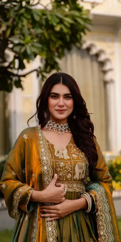 RR 38 Mustered Fendy Satin Gown Perfect for Wedding, Party, Pongal, Makar Sankranti, Ganesh Chaturthi – . Available at ₹2649 only. Delivery 4-6 Wor | Gowns, Bollywood Gowns, Creative Gowns, Designer Gowns, Embroidered Gowns, Party Wear Gowns