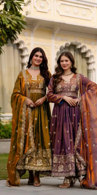 RR 38 Mustered Fendy Satin Gown Perfect for Wedding, Party, Pongal, Makar Sankranti, Ganesh Chaturthi – . Available at ₹2649 only. Delivery 4-6 Wor | Gowns, Bollywood Gowns, Creative Gowns, Designer Gowns, Embroidered Gowns, Party Wear Gowns