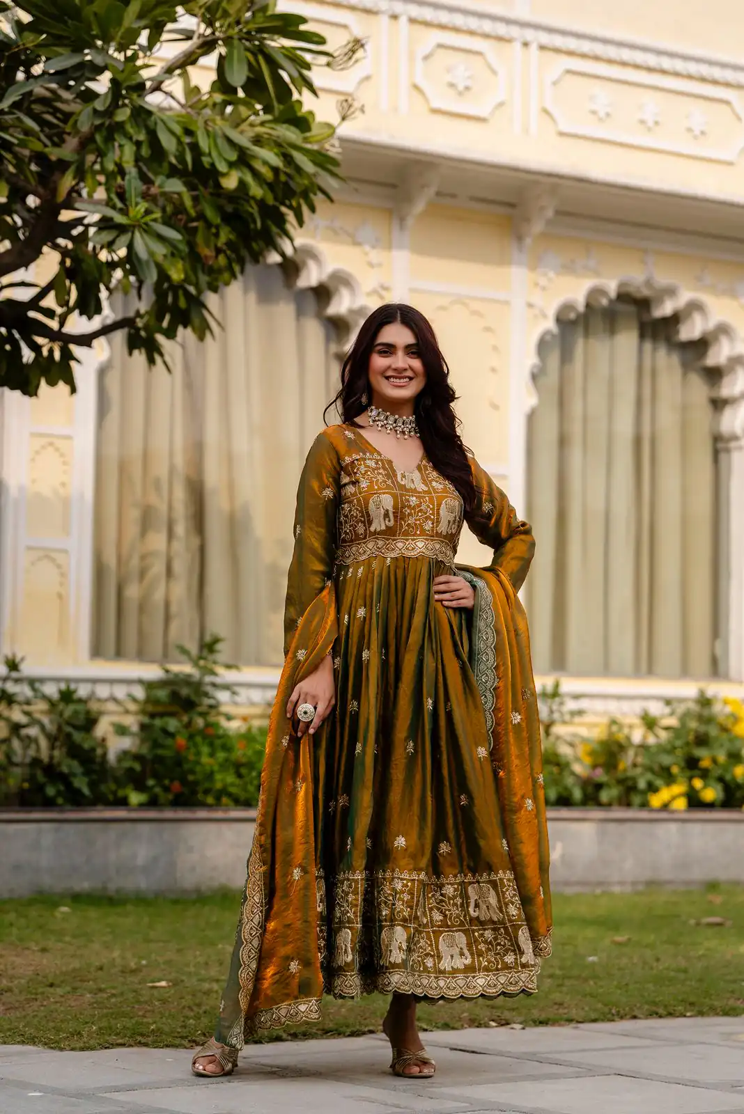 RR 38 Mustered Fendy Satin Gown Perfect for Wedding, Party, Pongal, Makar Sankranti, Ganesh Chaturthi – . Available at ₹2649 only. Delivery 4-6 Wor | Gowns, Bollywood Gowns, Creative Gowns, Designer Gowns, Embroidered Gowns, Party Wear Gowns