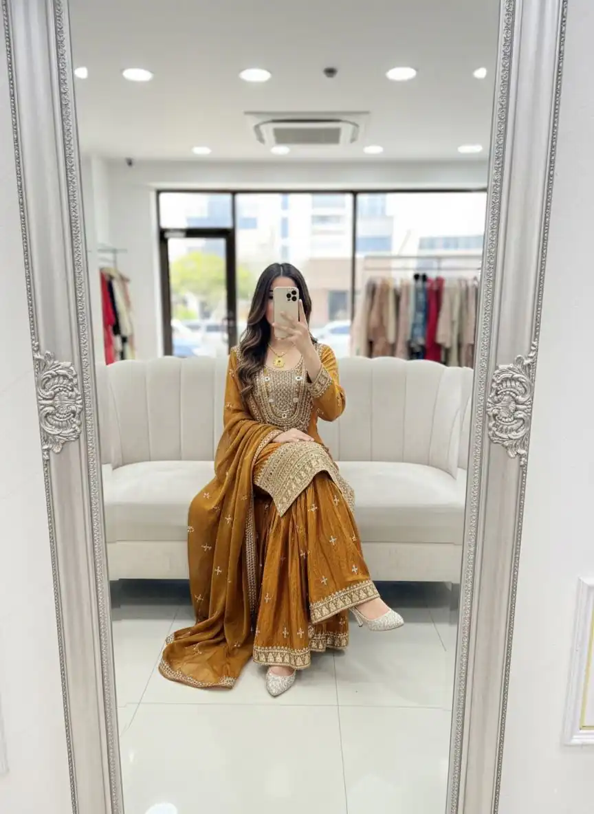WW 1249 Mustered Fendy Silk Salwar Suit with Mirror Work & Embroidery Work. Best Price ₹2399. Delivery 4-6 Working Days. Shop now. | Jump Suits, Salwar suit, Casual Suits, Creative suits, Designer Suits, Palazzo Suits, Party Wear Suits, Patiala Suits, Straight Suits