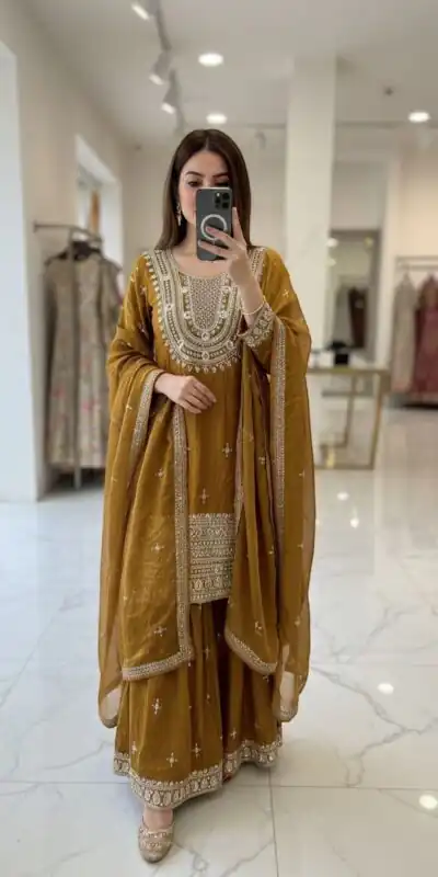 WW 1249 Mustered Fendy Silk Salwar Suit with Mirror Work & Embroidery Work. Best Price ₹2399. Delivery 4-6 Working Days. Shop now. | Jump Suits, Salwar suit, Casual Suits, Creative suits, Designer Suits, Palazzo Suits, Party Wear Suits, Patiala Suits, Straight Suits