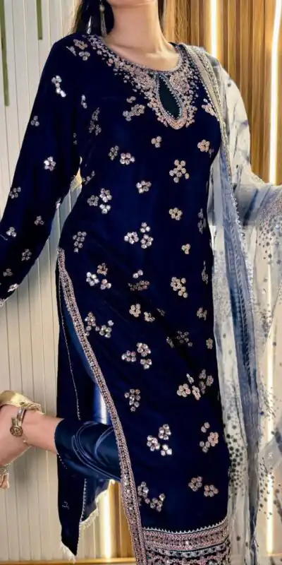 ST 1154 Navy Blue in 9000 Velvet Embroidery Work & Lace Work Salwar Suit . Now at just ₹2049. Delivery 4-6 Working Days. Shop now. | Jump Suits, Salwar suit, Casual Suits, Creative suits, Designer Suits, Palazzo Suits, Party Wear Suits, Patiala Suits, Straight Suits