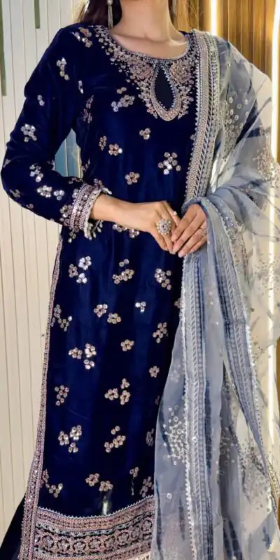 ST 1154 Navy Blue in 9000 Velvet Embroidery Work & Lace Work Salwar Suit . Now at just ₹2049. Delivery 4-6 Working Days. Shop now. | Jump Suits, Salwar suit, Casual Suits, Creative suits, Designer Suits, Palazzo Suits, Party Wear Suits, Patiala Suits, Straight Suits