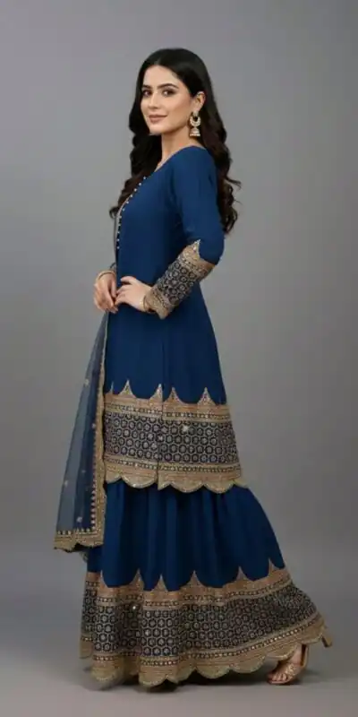 ZF 250 Navy Blue Color Faux Georgette Embroidery Sequence Work Sharara Suit Wedding, Party, Festive, Events Etc. Expected Delivery 4-6 Working Days @2099/- | Jump Suits, Salwar suit, Casual Suits, Creative suits, Designer Suits, Palazzo Suits, Party Wear Suits, Patiala Suits, Straight Suits