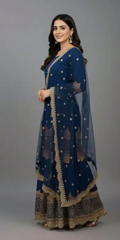 ZF 250 Navy Blue Color Faux Georgette Embroidery Sequence Work Sharara Suit Wedding, Party, Festive, Events Etc. Expected Delivery 4-6 Working Days @2099/- | Jump Suits, Salwar suit, Casual Suits, Creative suits, Designer Suits, Palazzo Suits, Party Wear Suits, Patiala Suits, Straight Suits