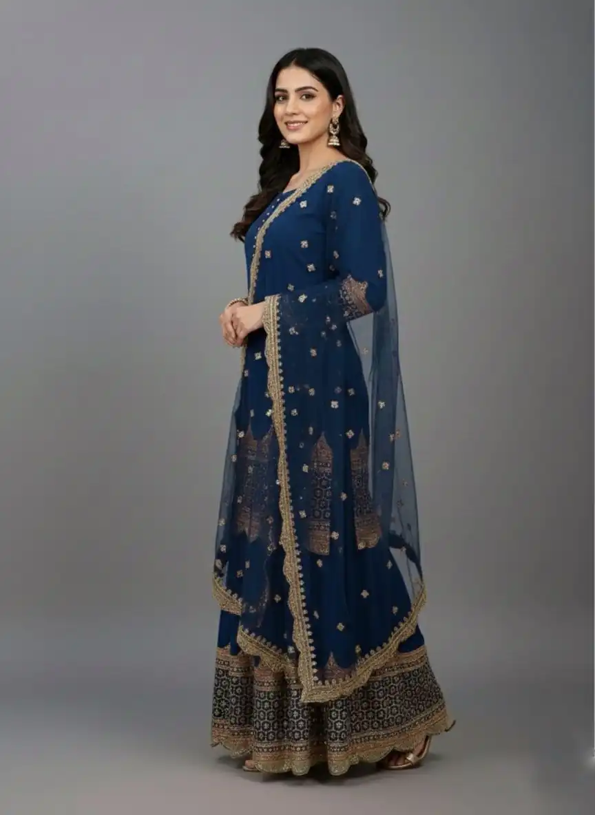 ZF 250 Navy Blue Color Faux Georgette Embroidery Sequence Work Sharara Suit Wedding, Party, Festive, Events Etc. Expected Delivery 4-6 Working Days @2099/- | Jump Suits, Salwar suit, Casual Suits, Creative suits, Designer Suits, Palazzo Suits, Party Wear Suits, Patiala Suits, Straight Suits