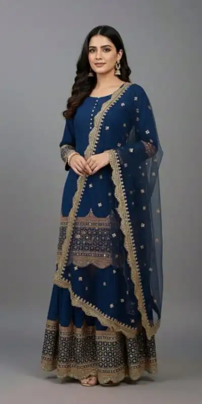 ZF 250 Navy Blue Color Faux Georgette Embroidery Sequence Work Sharara Suit Wedding, Party, Festive, Events Etc. Expected Delivery 4-6 Working Days @2099/- | Jump Suits, Salwar suit, Casual Suits, Creative suits, Designer Suits, Palazzo Suits, Party Wear Suits, Patiala Suits, Straight Suits