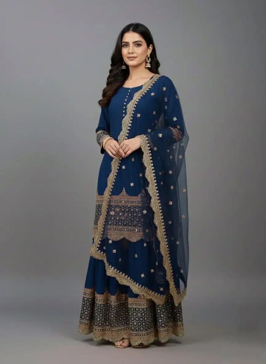 ZF 250 Navy Blue Color Faux Georgette Embroidery Sequence Work Sharara Suit Wedding, Party, Festive, Events Etc. Expected Delivery 4-6 Working Days @2099/- | Jump Suits, Salwar suit, Casual Suits, Creative suits, Designer Suits, Palazzo Suits, Party Wear Suits, Patiala Suits, Straight Suits
