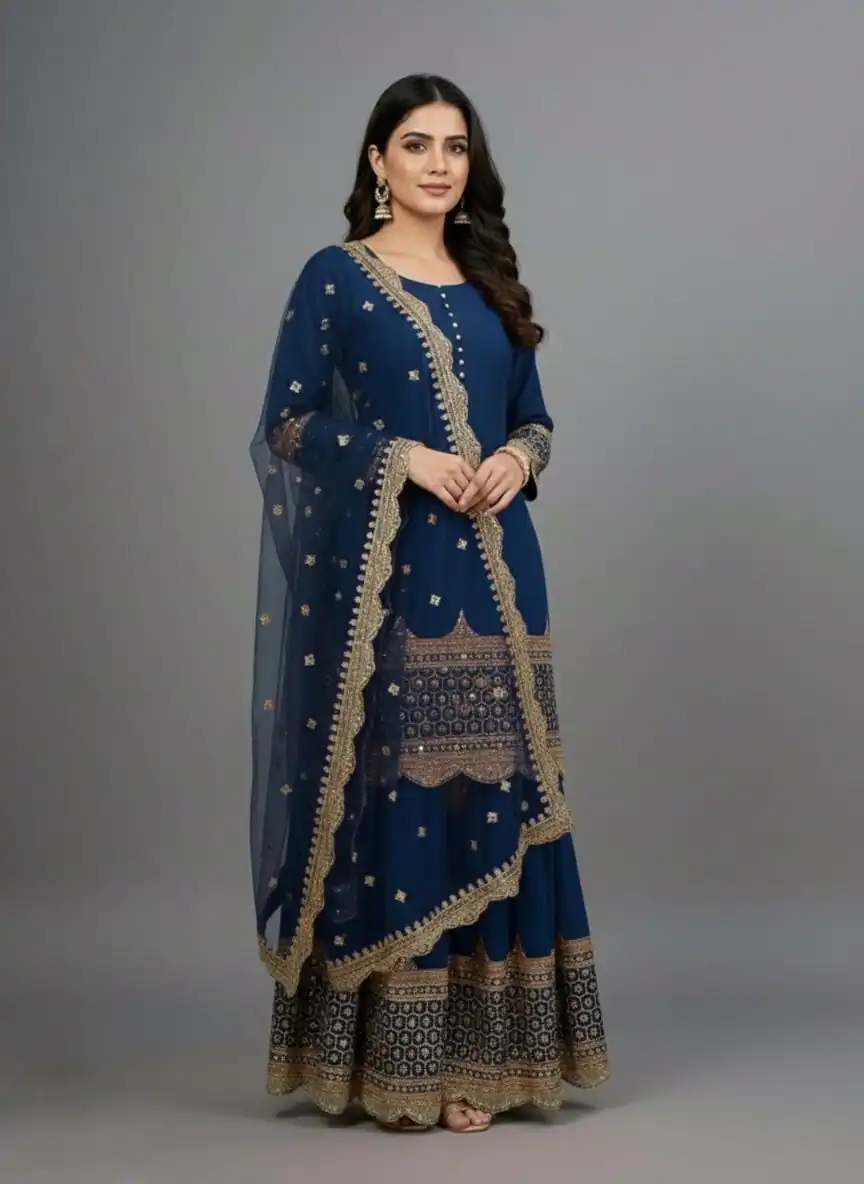ZF 250 Navy Blue Color Faux Georgette Embroidery Sequence Work Sharara Suit Wedding, Party, Festive, Events Etc. Expected Delivery 4-6 Working Days @2099/- | Jump Suits, Salwar suit, Casual Suits, Creative suits, Designer Suits, Palazzo Suits, Party Wear Suits, Patiala Suits, Straight Suits