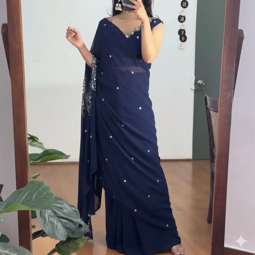 ST 1157 Navy Blue in Faux Georgette Mirror Work & Embroidery Work Saree. Festive Deal ₹1899. Delivery 4-6 Working Days. Shop now. | Sarees, Bollywood Sarees, Creative Sarees, Designer Sarees, Embroidered Sarees, Ethnic Saree, Modern Digital sarees, Party Wear Sarees