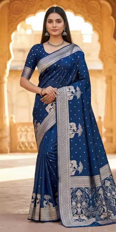 MB 25 GAJRAJ Navy Blue in Pure Banarasi Silk Zari Work & Lace Work Saree . Introductory Price ₹1899. Delivery 4-6 Working Days. Shop now. | Sarees, Bollywood Sarees, Creative Sarees, Designer Sarees, Embroidered Sarees, Ethnic Saree, Modern Digital sarees, Party Wear Sarees