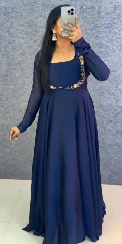 MF 888 Navy Blue Rangoli Silk Gown with Lace Border & Lace Work. Available at ₹1649 only. Delivery 4-6 Working Days. Shop now. | Gowns, Bollywood Gowns, Creative Gowns, Designer Gowns, Embroidered Gowns, Party Wear Gowns