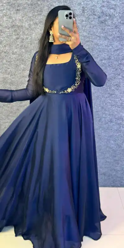 MF 888 Navy Blue Rangoli Silk Gown with Lace Border & Lace Work. Available at βΉ1649 only. Delivery 4-6 Working Days. Shop now. | Gowns, Bollywood Gowns, Creative Gowns, Designer Gowns, Embroidered Gowns, Party Wear Gowns