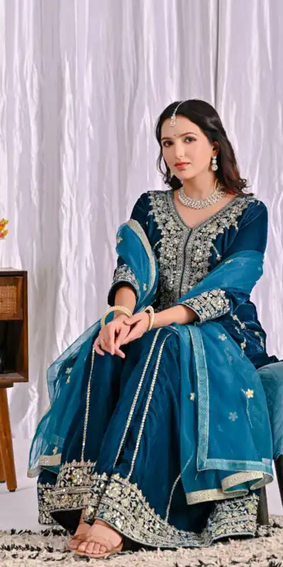 ND 5053 Navy Blue Viscous Velvet Salwar Suit with Embroidery Work. Grab it for ₹2449. Delivery 4-6 Working Days. Shop now. | Jump Suits, Salwar suit, Casual Suits, Creative suits, Designer Suits, Palazzo Suits, Party Wear Suits, Patiala Suits, Straight Suits