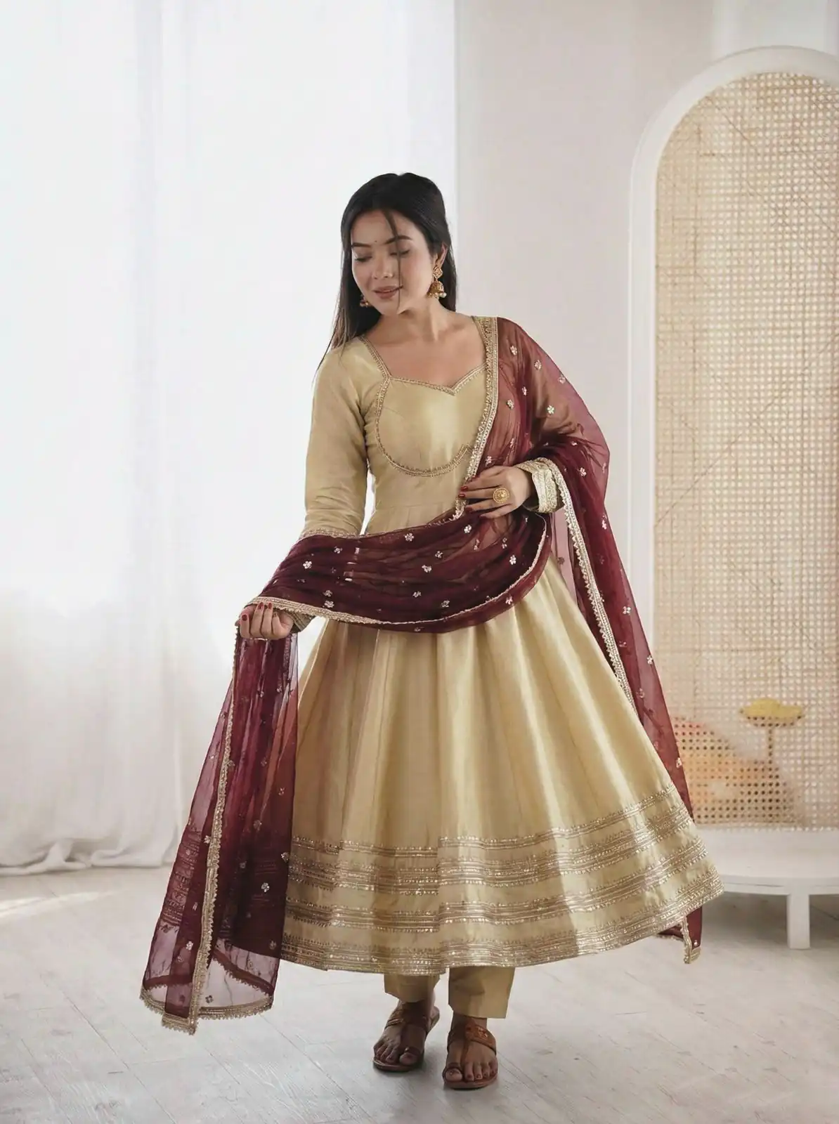 ZF 5017 Off White Cosmos Gold Gown with Embroidery Work & Lace Work. Get it for ₹2099. Delivery 4-6 Working Days. Shop now. | Gowns, Bollywood Gowns, Creative Gowns, Designer Gowns, Embroidered Gowns, Party Wear Gowns