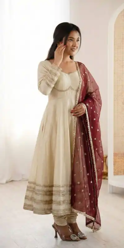 ZF 5017 Off White Cosmos Gold Gown with Embroidery Work & Lace Work. Get it for ₹2099. Delivery 4-6 Working Days. Shop now. | Gowns, Bollywood Gowns, Creative Gowns, Designer Gowns, Embroidered Gowns, Party Wear Gowns