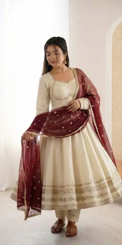 ZF 5017 Off White Cosmos Gold Gown with Embroidery Work & Lace Work. Get it for ₹2099. Delivery 4-6 Working Days. Shop now. | Gowns, Bollywood Gowns, Creative Gowns, Designer Gowns, Embroidered Gowns, Party Wear Gowns