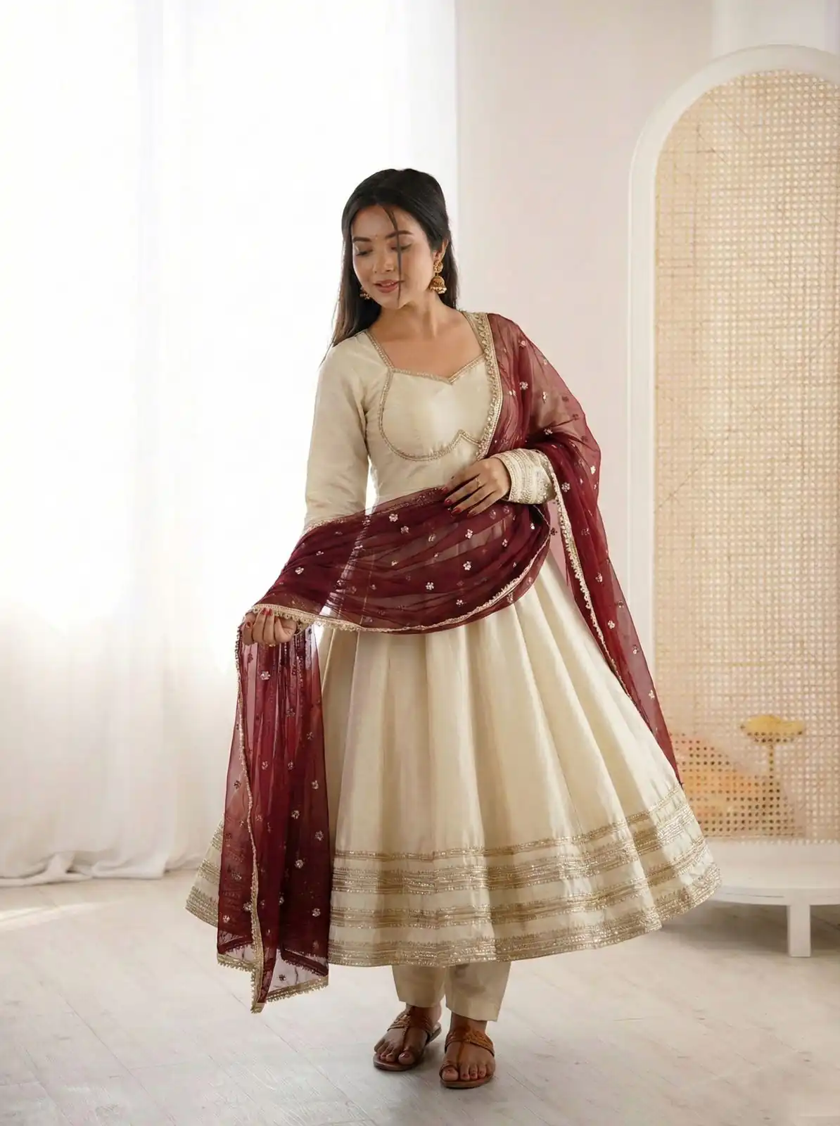 ZF 5017 Off White Cosmos Gold Gown with Embroidery Work & Lace Work. Get it for ₹2099. Delivery 4-6 Working Days. Shop now. | Gowns, Bollywood Gowns, Creative Gowns, Designer Gowns, Embroidered Gowns, Party Wear Gowns