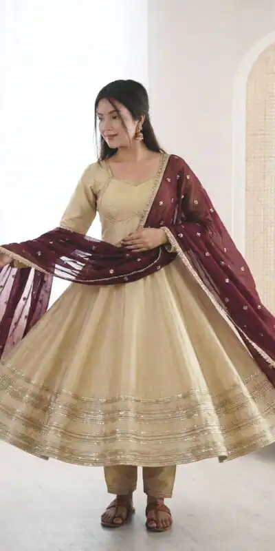 ZF 5017 Off White Cosmos Gold Gown with Embroidery Work & Lace Work. Get it for ₹2099. Delivery 4-6 Working Days. Shop now. | Gowns, Bollywood Gowns, Creative Gowns, Designer Gowns, Embroidered Gowns, Party Wear Gowns