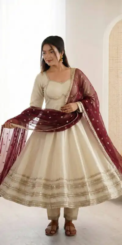 ZF 5017 Off White Cosmos Gold Gown with Embroidery Work & Lace Work. Get it for ₹2099. Delivery 4-6 Working Days. Shop now. | Gowns, Bollywood Gowns, Creative Gowns, Designer Gowns, Embroidered Gowns, Party Wear Gowns