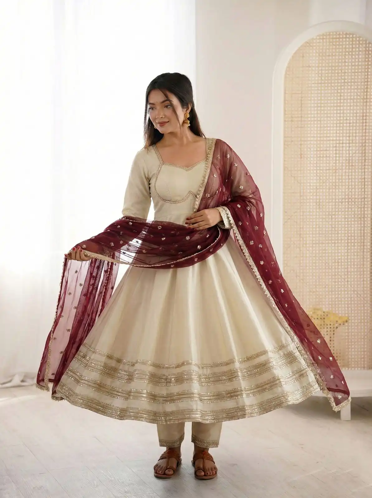 ZF 5017 Off White Cosmos Gold Gown with Embroidery Work & Lace Work. Get it for ₹2099. Delivery 4-6 Working Days. Shop now. | Gowns, Bollywood Gowns, Creative Gowns, Designer Gowns, Embroidered Gowns, Party Wear Gowns