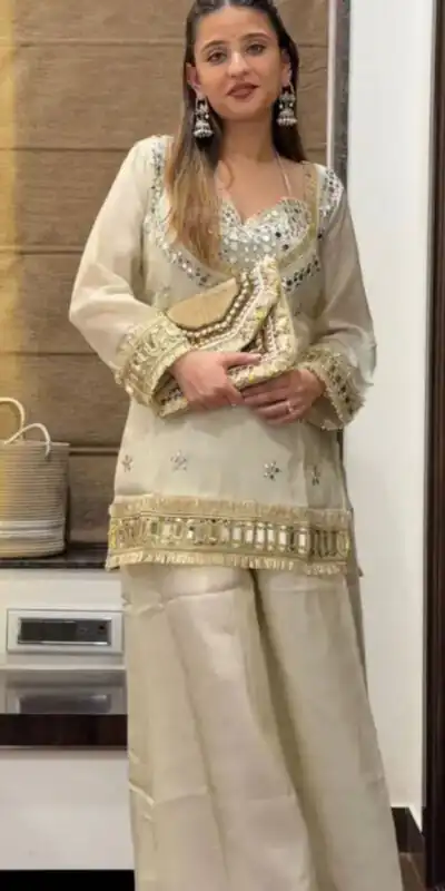 SRK 5326 Off White Fendy Silk Salwar Suit with Mirror Work & Lace Work. Affordable Price ₹2399. Delivery 4-6 Working Days. Shop now. | Jump Suits, Salwar suit, Casual Suits, Creative suits, Designer Suits, Palazzo Suits, Party Wear Suits, Patiala Suits, Straight Suits