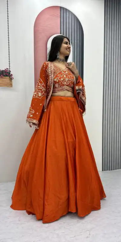 PC 565 Orange Color Chinon silk Lehenga Choli with Cut Work. Special Online Price ₹3049. Delivery 4-6 Working Days. Shop now. | Lehenga, Bollywood Lehenga, Creative Lehenga, Designer Lehenga, Embroidered Lehenga, Party Wear Lehenga