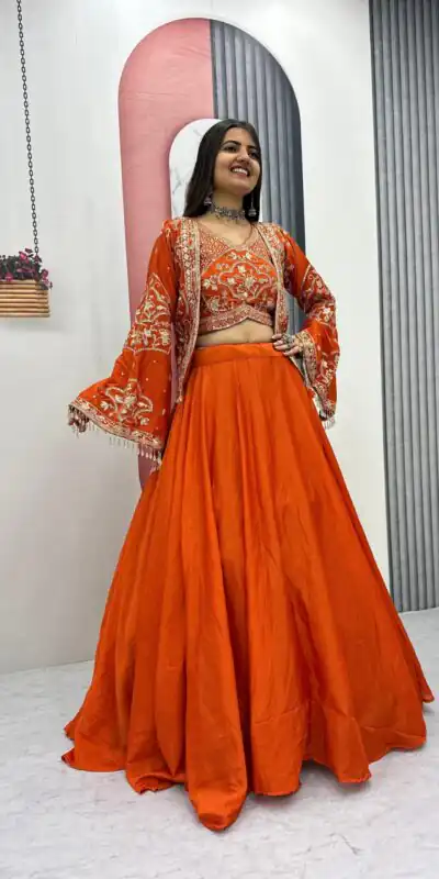 PC 565 Orange Color Chinon silk Lehenga Choli with Cut Work. Special Online Price ₹3049. Delivery 4-6 Working Days. Shop now. | Lehenga, Bollywood Lehenga, Creative Lehenga, Designer Lehenga, Embroidered Lehenga, Party Wear Lehenga